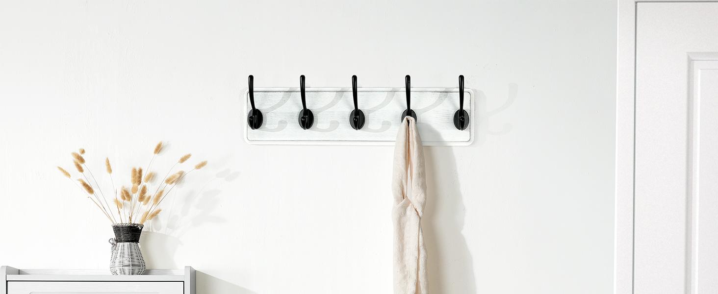 Farmhouse Style Wall Mounted Coat Rack, 38.6'' Pine Wood Coat Hook Hanger - 10 for Clothes Robes Towels