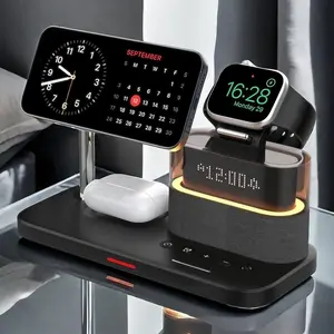 5 in 1 Wireless Charger, Multifunctional Charging Station with Adjustable LED Night Light and Alarm Clock, Portable Design Charger Compatible with iPhone Apple Watch AirPods, Electronics Accessories