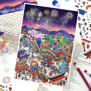 Japanese Theme Fireworks Festival & Dessert Shop Scene Stickers, Pet Material, Large Size Decorative Sticker Pack, 4 Sheets Per Bag, Scrapbooking