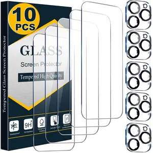 [10 Pcs Set] 5 Screen Protectors + 5 Camera Lens Protectors for iPhone 17 16 15 14 13 12 11 Pro Max, HD Tempered Glass Film, 9H Hardness, Bubble Free, Case Friendly