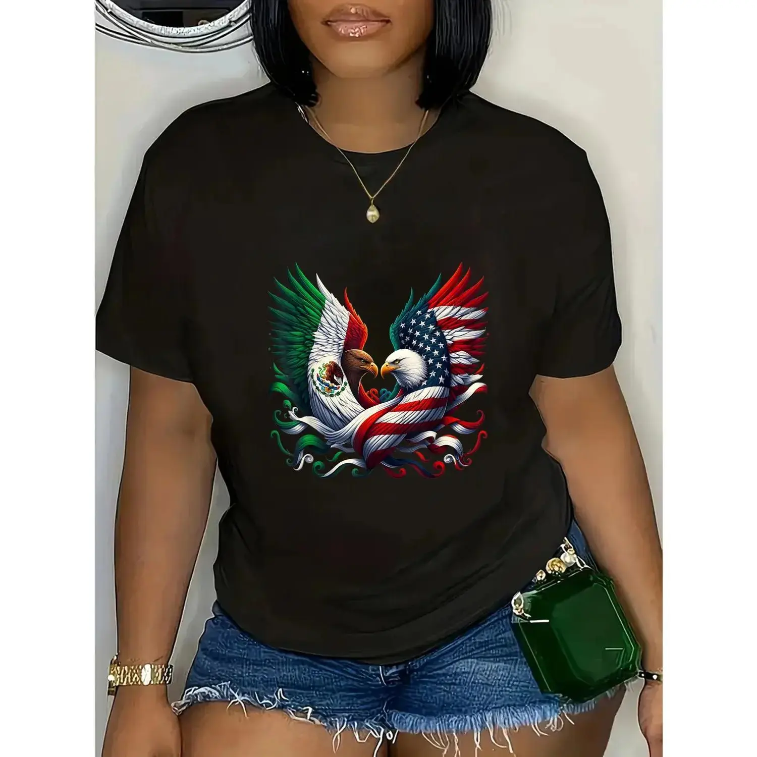 Vintage Graphic Cotton T-Shirt Featuring Unisex American and Mexican Flag Roots for Casual Wear