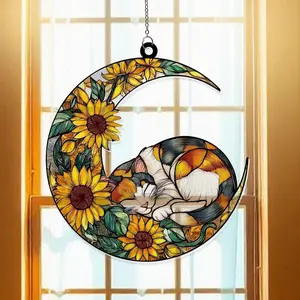 Acrylic Calico Cat Suncatcher Window Hanging - Light, Hangable Celestial Sunflower, Crescent Moon Glossy Decorative Ornaments for Door, Wall, Tree, Custom Gift for Pet Lovers, Home Garden Decor