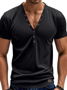 Men's Henry V Neck Short Sleeve T-Shirt, Slim Fit, Decorative Buttons, Casual Daily Wear, Comfortable and Stylish Top