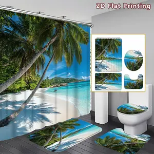4PCS Tropical Beach Shower Curtain set, Blue and Green Palm Tree Beach Bathroom Decor, Accessories with Bath Mat, U-shaped Mat, Toilet Lid Cover, 12 Hooks 180x180cm Curtain, Beach Lover, Home Decor, bathroom accessories