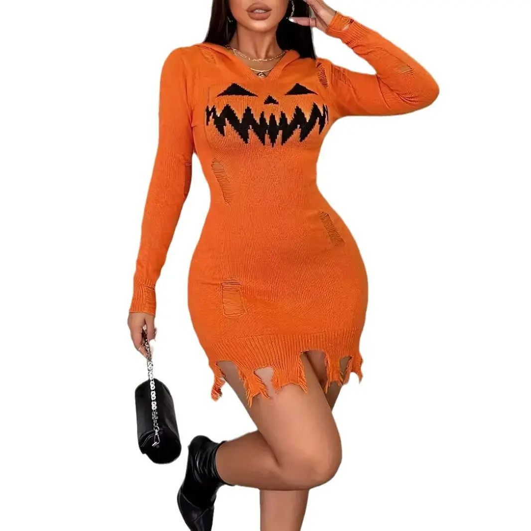 Halloween Pumpkin Face Long Sleeve Dress with Orange Design and Ripped Hem for Women