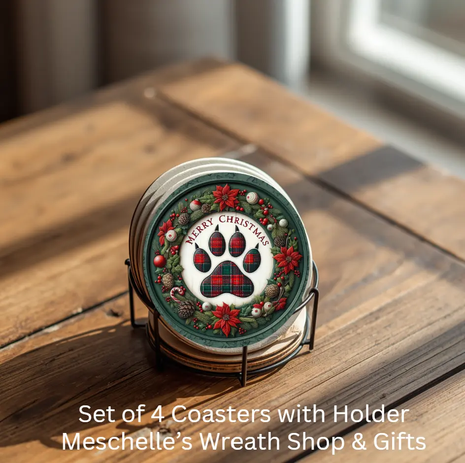 Merry Christmas Paw Print  House Coasters Set of 4 Ceramic Coasters with Metal Holder
