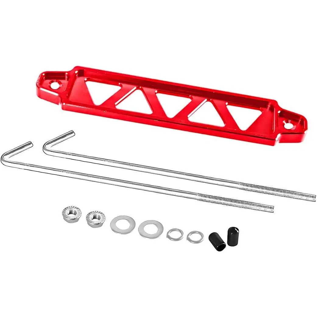 Car Battery Hold Down Bracket, Aluminum Alloy 5-Hole Battery Tie Down Holder with Stainless Steel J Bolt, Triangular Automotive Hold Lock Tray Accessories, Universal for SUV RV Sedan (Red)