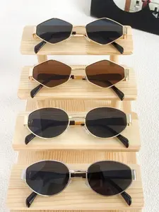 4pcs New Women's Retro Metal Oval Rhombus Frame Glasses, Anti-Glare, Wide Temple, Ideal for Daily Wear, Driving, Valentine's Gift