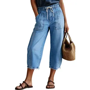 Flamingals Raw Hem Drawstring Mid Waist Barrel Leg Capri Jeans Womenswear Stretchy 22.0" Inseam