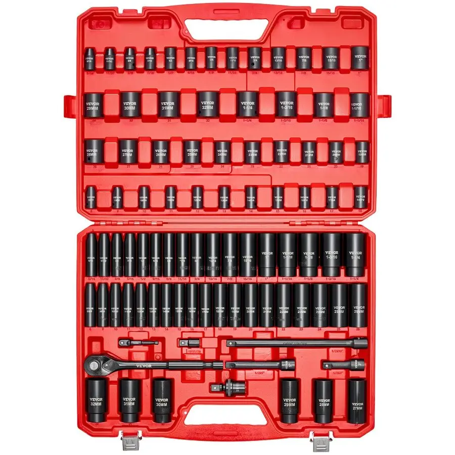 fathersdaygift VEVOR 1/2 in Drive Impact Socket Set, 91 Piece, 6 Point Deep Shallow Impact Sockets, SAE (5/16 to 1-1/4 in) and Metric (8 to 32 mm) Sizes with Extension Bars (3, 5, 10 in), Cr-V Steel, Carrying Case