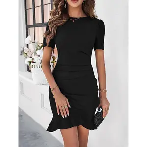 Women's Plain Ruffle Trim Wrap Bodycon Dress, Elegant Short Sleeve Round Neck Short Dress for Party Holiday Wedding Guest, Ladies Summer Clothes