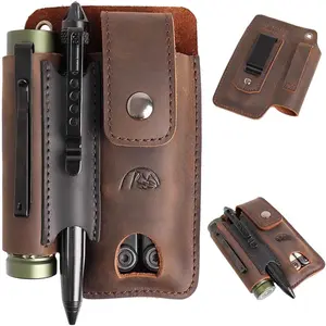 Leather Multitool Sheath - Multi Tool Holster with Belt Clip - EDC Belt Organizer Fits Multitool, Flashlight, Pen - Leather EDC Pouch Belt Holder Case with Closure Flap, Darkbrown