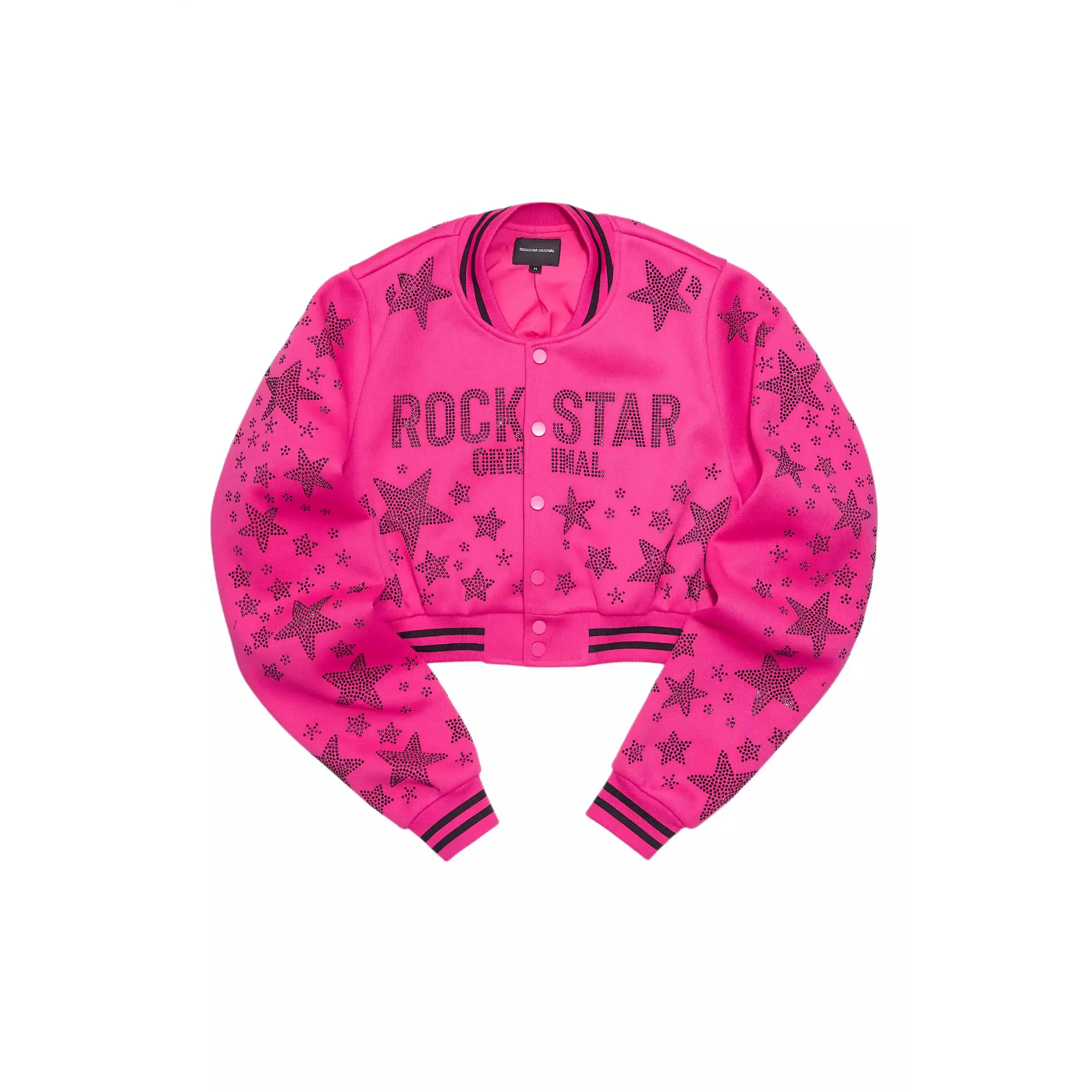 Shanda Hot Pink Crop Rhinestone Varsity Jacket