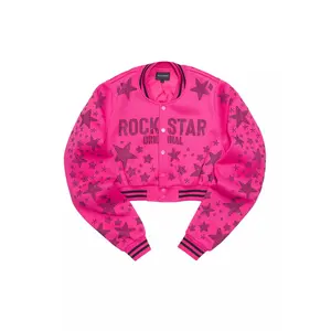 Shanda Hot Pink Crop Rhinestone Varsity Jacket