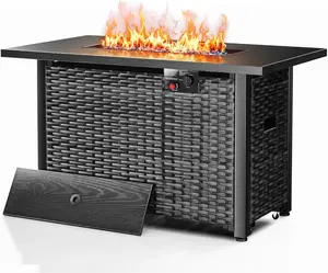 42.91 Inch Outdoor Fire Pit Table 50,000 BTU, Rectangular Firepit Table with Glass Stones & Lid, 2 in 1 Fire Table for Patio, Backyard, Deck, or Garden, Black