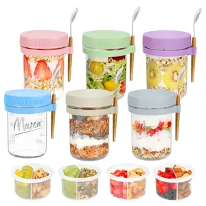 Mason 6 Pack Overnight Oats Containers with Lids and Spoons, 16 oz Glass Jars, Removable Separate Compartments, Airtight and Leak-Proof