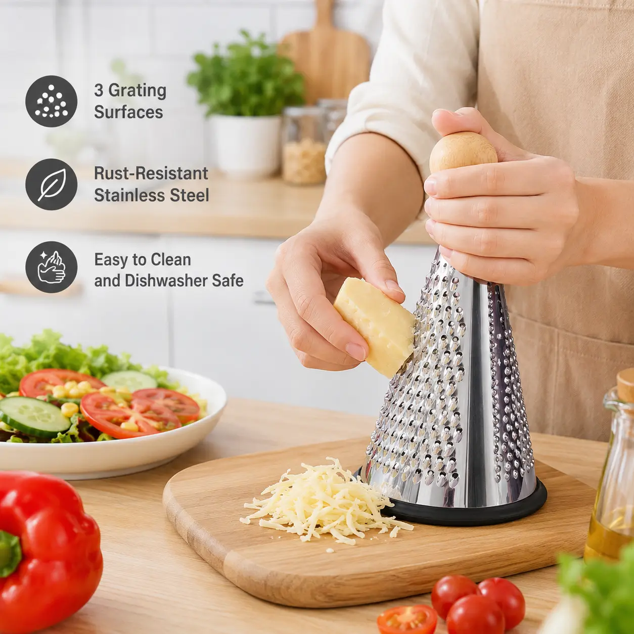 1-Piece Thick Stainless Steel Conical Food Grater - Smooth Kitchen Utensils for Cheese, Vegetables, Garlic Paste Prep, Slicing, Shredding, Home Kitchen Daily Use