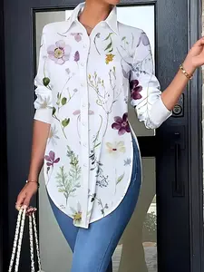 【Plus Size】 Floral Print Curved Hem Shirt, Casual Blouses, Elegant Long Sleeve Button Closure Top for Spring & Fall, Women's Clothes for Daily Wear