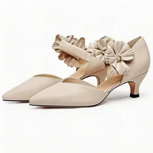 Coutgo Women's Low Kitten Heels Dressy Shoes Comfortable Closed Toe Flower Slip On Formal Party Dance Heeled Pumps Classy Fashion Decor Footwear