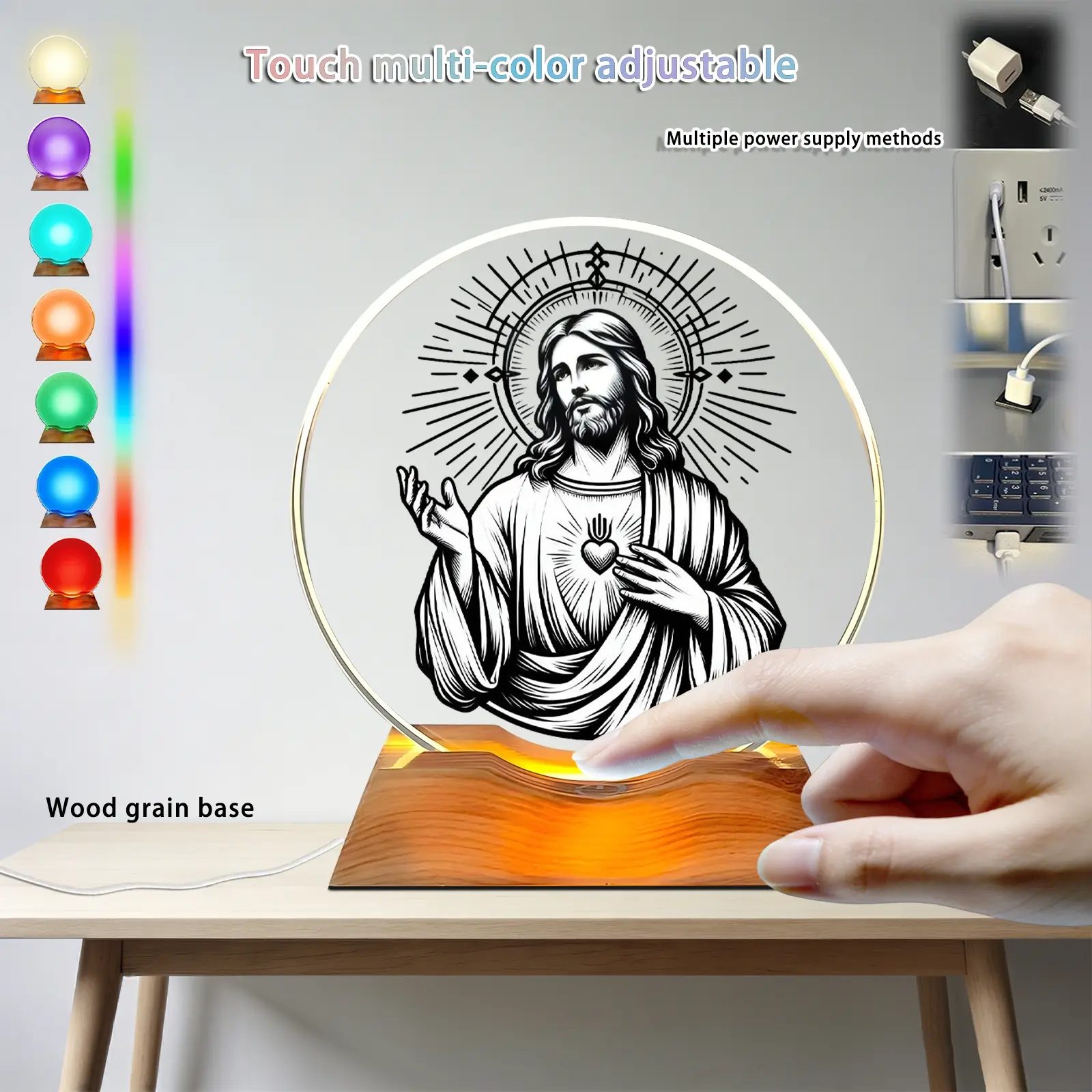 2D Flat Crystal Glass LED Night Light, Multi-Color Touch Changeable Angel Halo Pattern, USB Powered, Religious Table Lamp, Christmas Gift