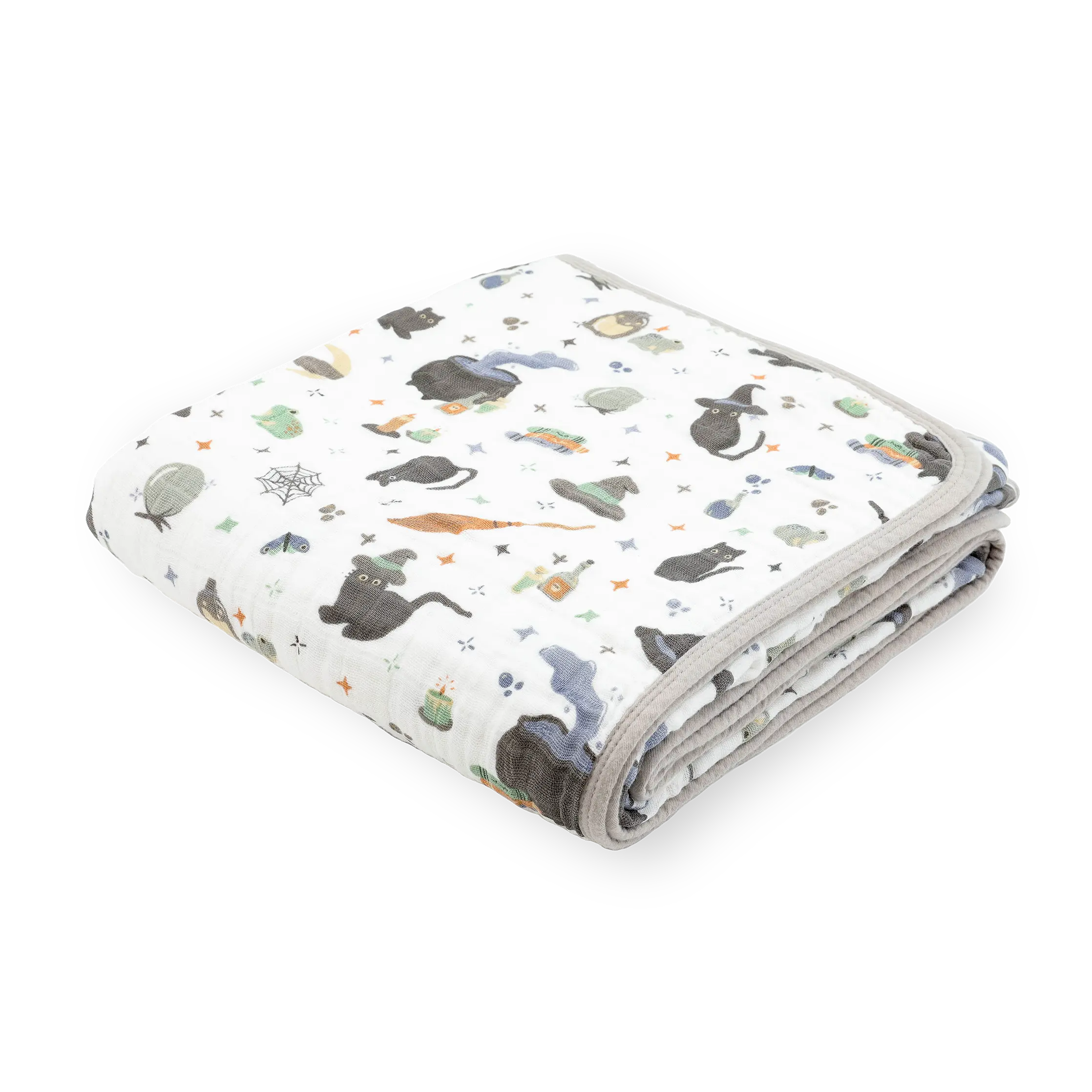 Original Cotton Muslin Quilt - Hand-Painted Playful Cats and Cauldrons Print, 4-Layers Breathable Safe Novelty Bedding Quilt for Nap Time, Machine-Wash Textile