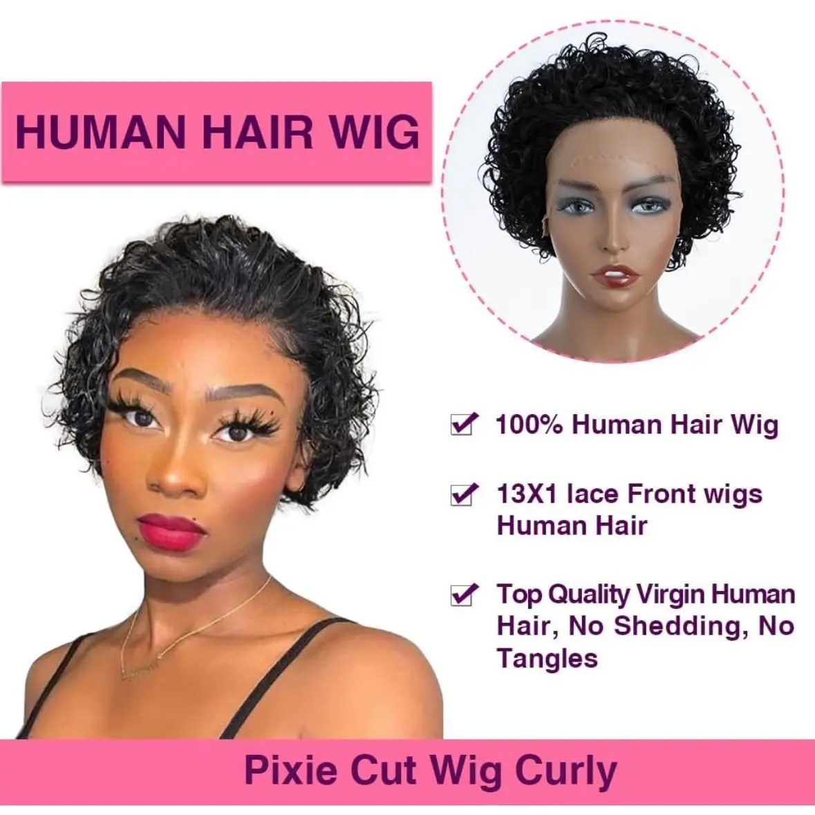 Idoli Hair 8 Inch Short Curly Human Hair Wigs with HD Lace Front - Natural Black Color