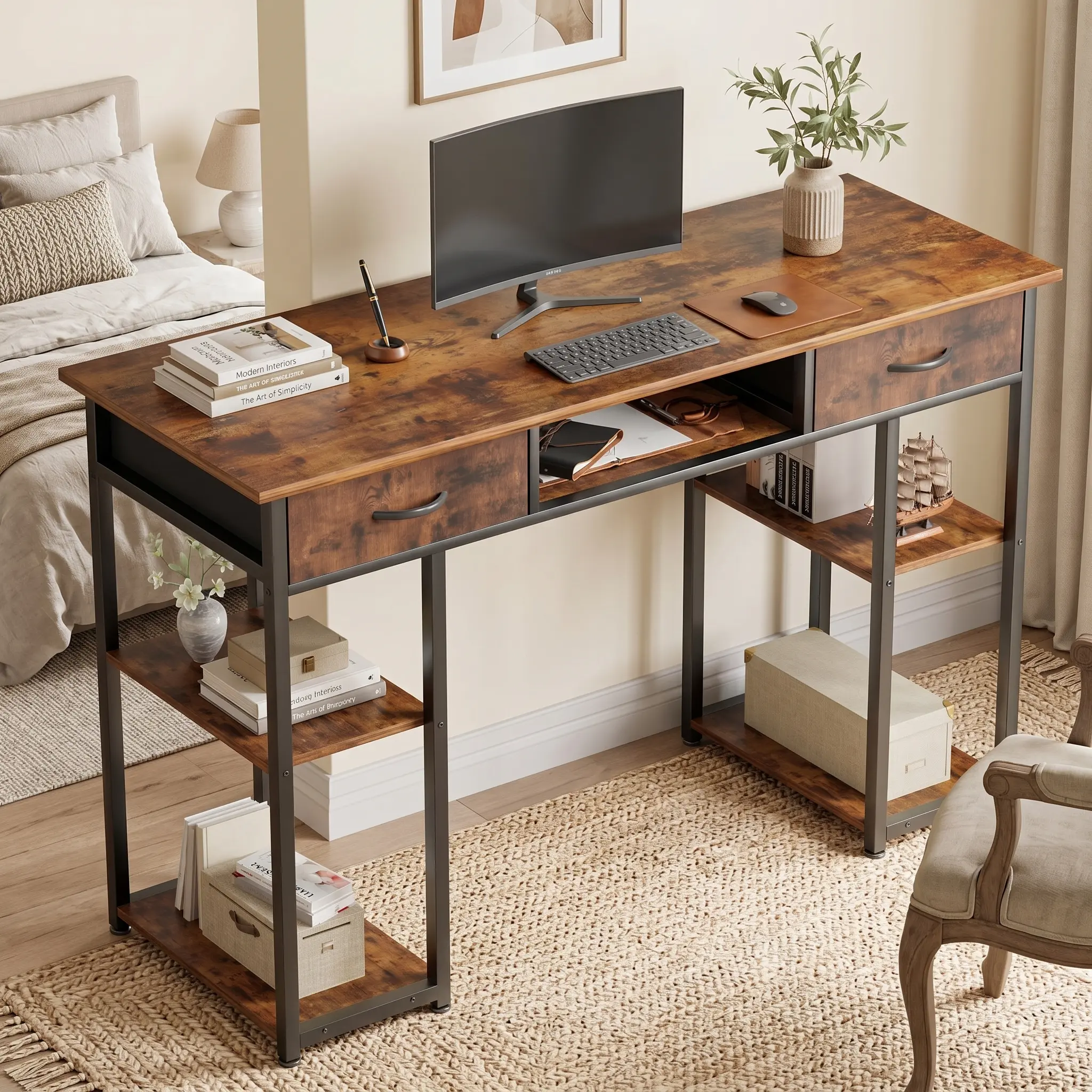 Modern Simple Computer Desk with Storage Space, Fabric Side Bag & Headphone Hook, Sturdy Metal Frame PC Table with Adjustable Feet, Compact Writing Desk for Home Office Bedroom, Wfh Setup, Assembly Required, Office Inspo,