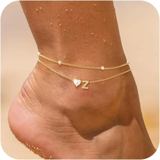 Women's Gold-Plated Waterproof Dainty Double Layer Anklet - A-Z Initial, Cubic Zirconia Love Heart Letter, Adjustable Thin Chain, Minimalist Beachwear Unisex Foot Jewelry, Personalized Gift for Teen Girls