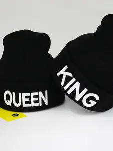 2-Pack Black Knit Hat Set with "QUEEN" & "KING" Embroidery - Unisex Winter Beanie for Couples