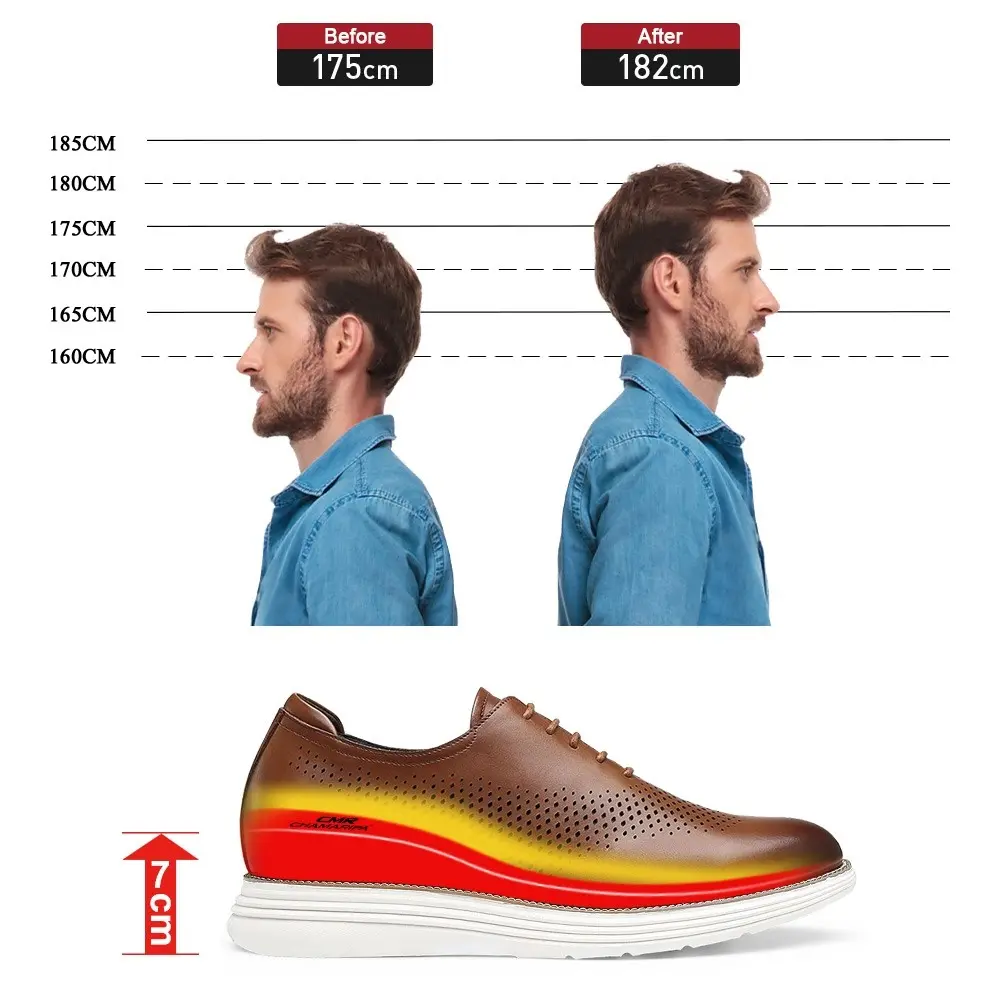 CMR CHAMARIPA Casual Tall Men Shoes - High Heel Shoes for Men - Brown Leather Oxford Shoes that Get Taller 7CM / 2.76 inches taller
