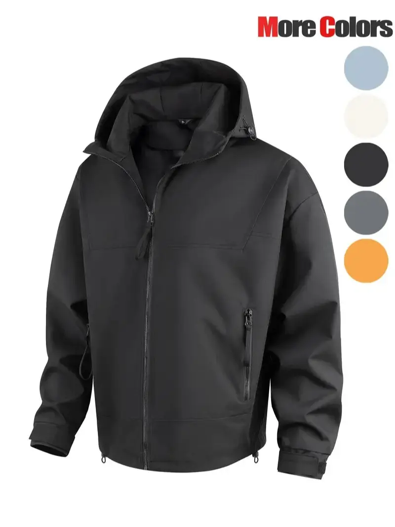 Men's Solid Color Windproof Waterproof Hooded Jacket, Loose Casual Long Sleeve Zip Up Jacket for Outdoor Activities, Fashion Men's Clothes for All Seasons Coats