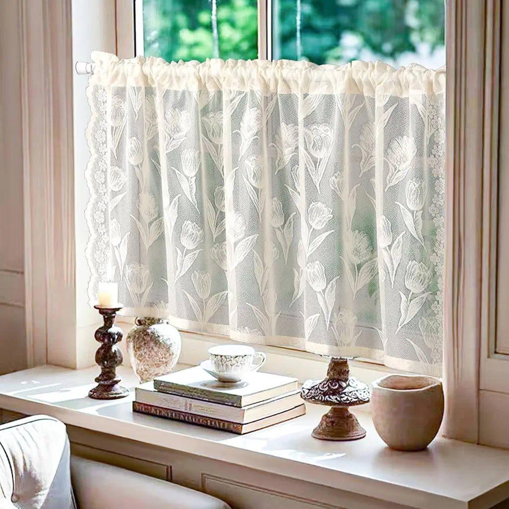 Tulip Pattern Lace Curtain, 1 Count Simple Short Curtain, Dustproof Curtain for Home Living Room Bedroom Window, Home Decor