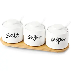 Farmhouse 8oz, Sugar Pepper and Salt Bowls with Lid and Spoon, Ceramics Condiment Pots,Seasoning Jar Spice Container for Kitchen,Dishwasher Safe (White)