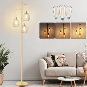 Dimmable Floor Lamp with 3 LED Edsion Bulbs, Farmhouse Tall Standing Lamp for Living Room, Modern Tree Floor Lamp, Bright Vintage Pole Light with Cage Shades for Bedroom Home Decor