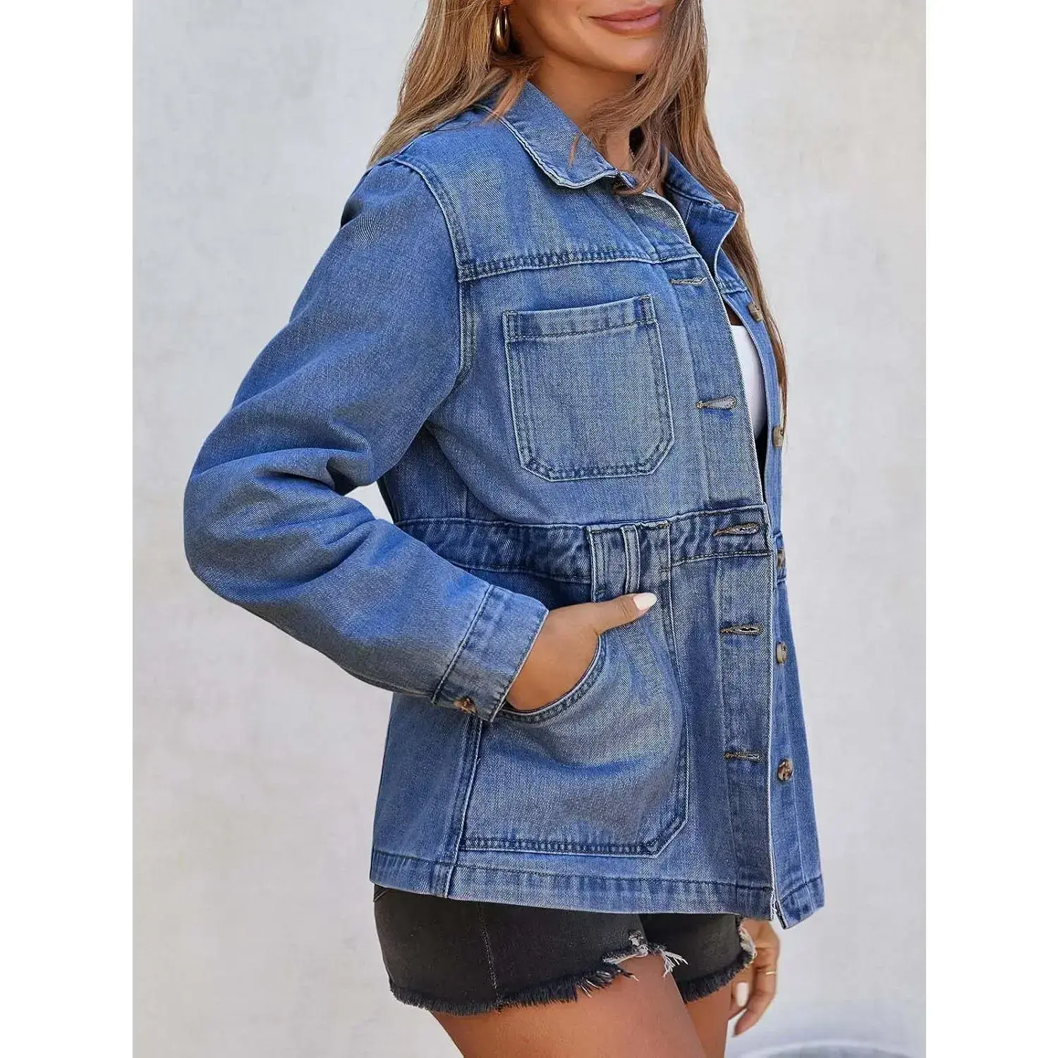 Women's denim jacket, worn-out denim jacket, button style oversized with pocket detachable button, 2025RAIMENTRY Women's denim jacket, worn-out denim jacket, button style oversized with pocket detachable button, 2025RAIMENTRY