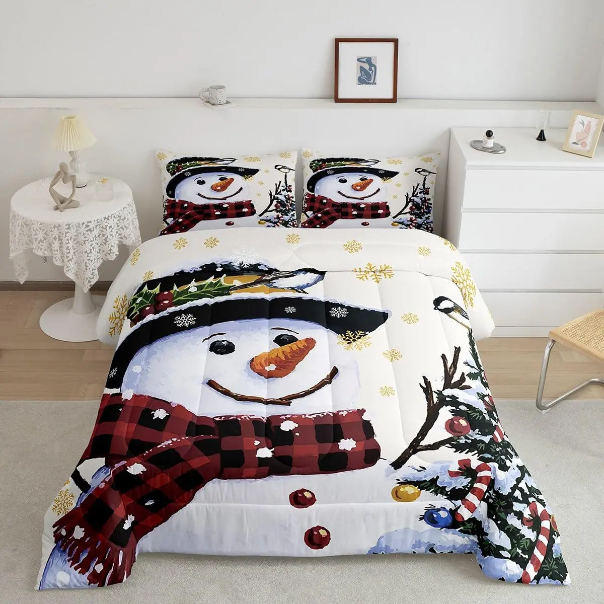 Christmas Theme Decorative Comfy Bedding Set - Kawaii Cute Xmas Snowman Duvet Set, Digital Print Snowflake Design, Beige Golden Machine-Washable Linens, Decorative Bedding Set