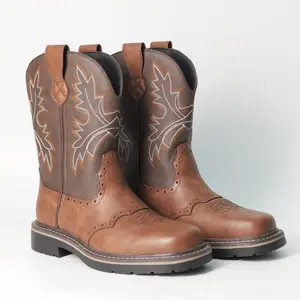 Wranglette Men's Steel Toe Western Boots - Two-Tone Brown Embroidery Work Boots with Reinforced Steel Toe & Slip-Resistant Sole | Heavy-Duty Safety Footwear for Ranchers, Construction Workers & Outdoor Laborers