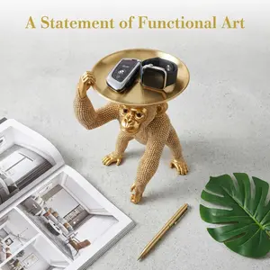 Golden Crystal Monkey Tray Resin Statue, Functional Beaded Primate Decor, Luxury Jewelry Storage Tray, Modern Home Accent, Entryway Key Bowl Ornament