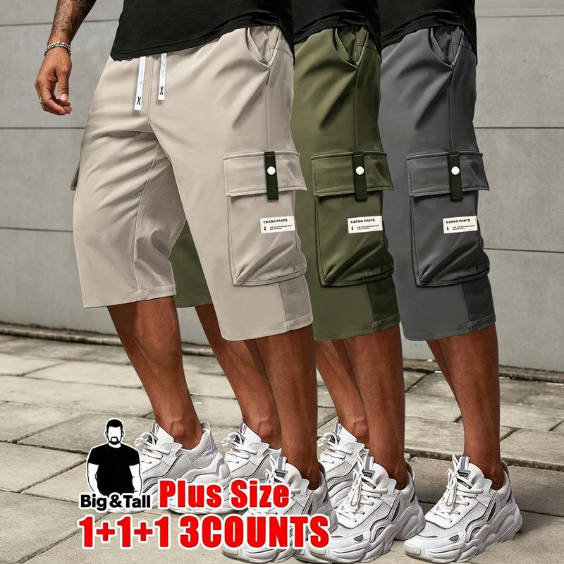 Men's Big & Tall Casual Menswear 3-Pack Cargo Shorts - 3XL, 4XL, Athletic, Preppy, Retro Digital Print, Retro Chic, Adjustable Waist Drawstring, Mid Waist, Fitted Cut, Lightweight Polyester, Multiple Pockets, All Seasons, Cold Wash, Black + Gray + Khaki
