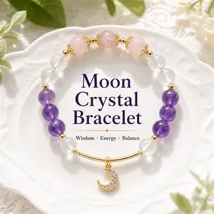 Moon Crystal Bracelet - Clear Quartz Rose Quartz and Amethyst Jewelry for Wisdom and Positive Energy