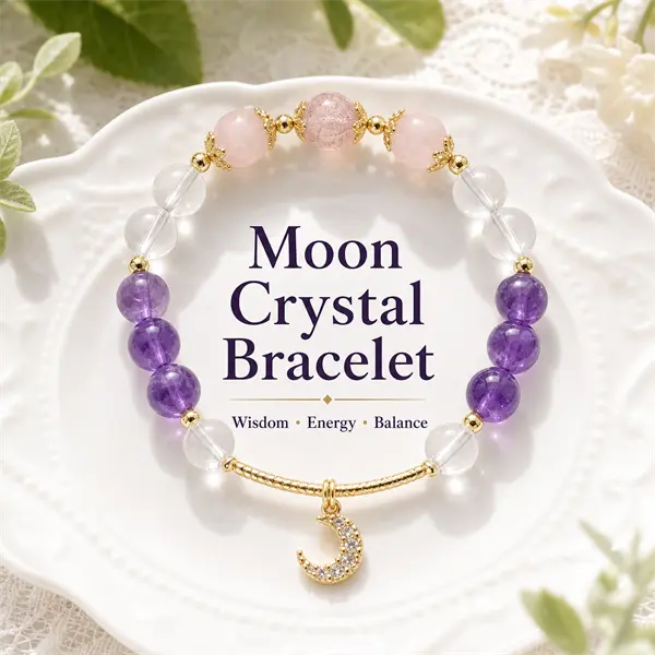 Moon Crystal Bracelet - Clear Quartz Rose Quartz and Amethyst Jewelry for Wisdom and Positive Energy