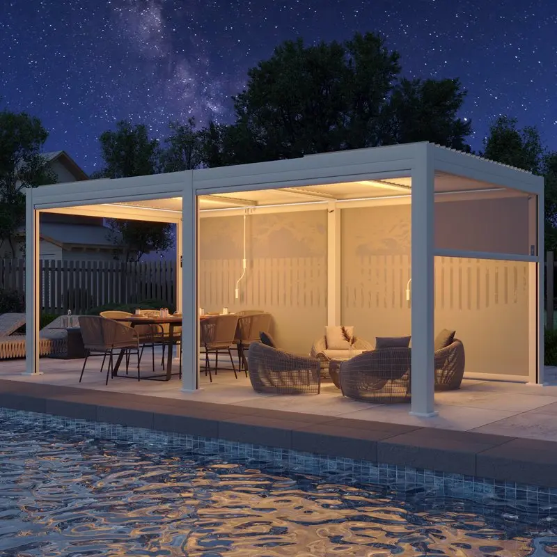 10 FT. x 20 FT. Outdoor Louvered Pergola, Patio Pergola with LED lights and Motorized Curtains for Patio, Lawn & Garden, White