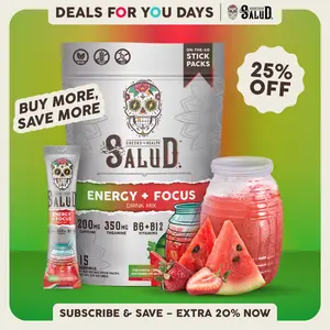 Salud 2-in-1 [Energy + Focus – Fresandía | Strawberry Watermelon] Clean Energy Drink Mix, Agua Fresca, Organic Caffeine, B6 & B12, L-Theanine, Drink Packets, Non-GMO, Gluten Free, Vegan, Low Calorie, 1g Sugar (15 Servings), Deals For You Days