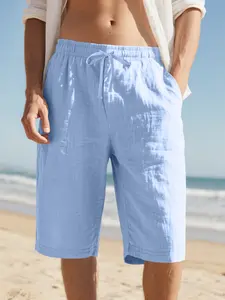 Men's Loose Linen Cropped Pants, Summer Beach Capri Trousers, Minimalist Style, Plain Surface, Lightweight & Breathable