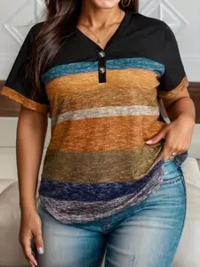 Plus Size Patchwork Button Front V Neck Tee, Casual Short Sleeve T-shirt Top for Summer, Women's Plus Clothing Womenswear for Daily Wear