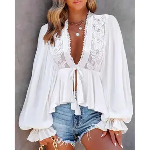 Women's Plunge Lantern Sleeve Lace Patch Tied Detail Top