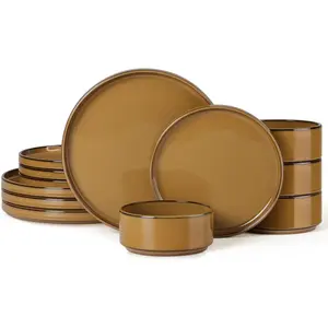 12 Pieces Stoneware Dinnerware Set for 4, Dinner Dishware Sets for Home, and with Rustic Terracotta Bottom, Dishwasher & Safe, Earthen Brown