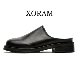Brown Mules Half Slippers Men's Shoes 2026 New Spring Summer Big Toe Mules Closed Toe Trendy Slip-On Half Slippers Loafers Footwear 74643-2 Leather