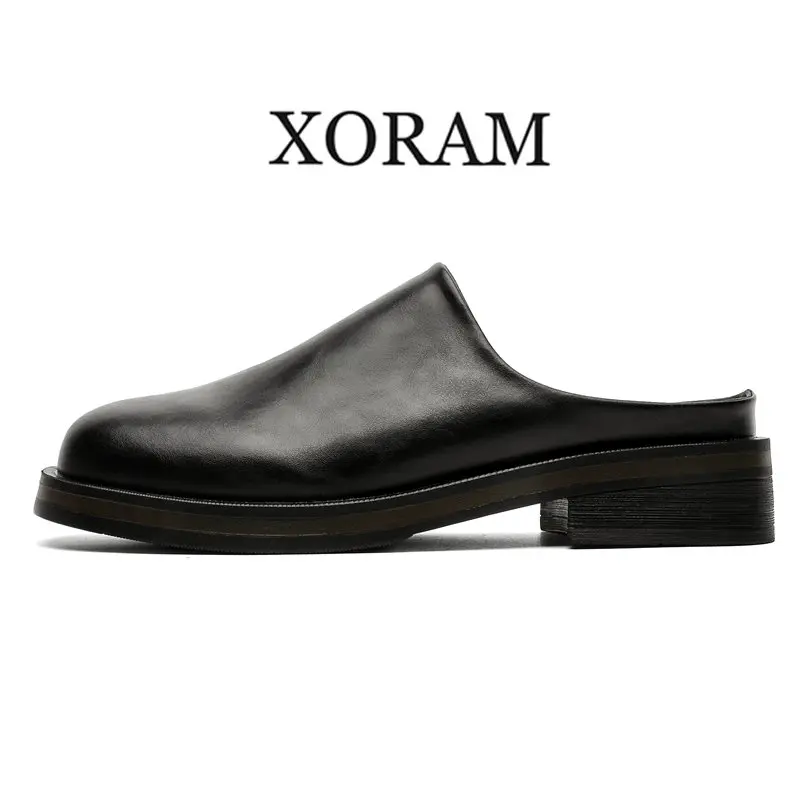 XORAM Men's Leather Material Solid Color Brown Closed-Toe Slip-On Slide-On Mules, Comfortable Casual Everyday Flats Footwear, Mules Clogs