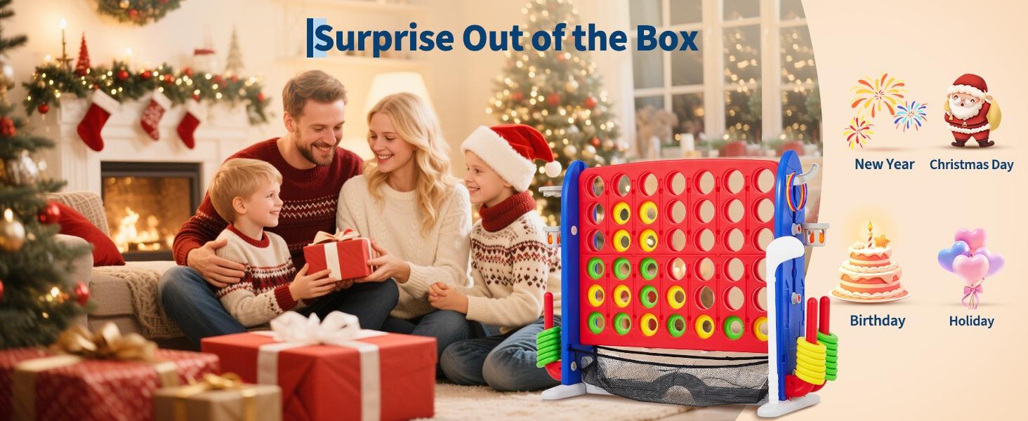 Giant 4 in a Row Game,Adjustable Height Board Jumbo 4-in-a-Row Game with Quick-Release Slider,Mini Basketball,Golf & Ring Toss Set for Family Party, Outdoor & Indoor